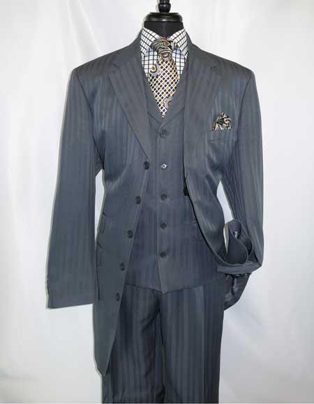 Men's Grey Steel 5 Button Extra Long Vested Zoot Suit - Pimp Suit - Zuit Suit