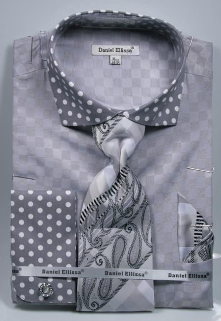 Grey Polka Dot French Cuffed Matching Shirt & Tie Combo Set Men's Dress Shirt