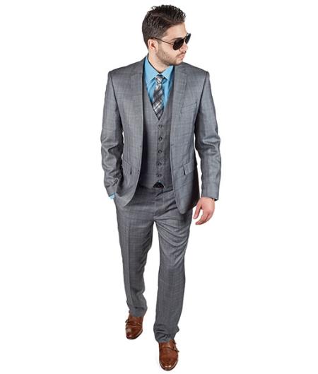 3 Piece Suit Men Plaid Grey Slim Fit Double Vested 