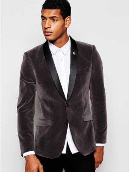 Style#-B6362 Men's Gray Velvet Black Lapeled Shawl Collar Sport Coat