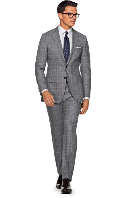 Men's 2 Button Wool checkered check pattern  Grey Slim Fit Suit