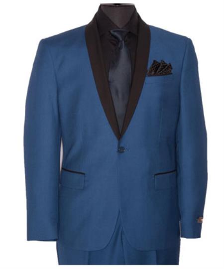 Men's Slim Fit Indigo ~ Bright Blue Tuxedo with Black Satin Shawl Lapels