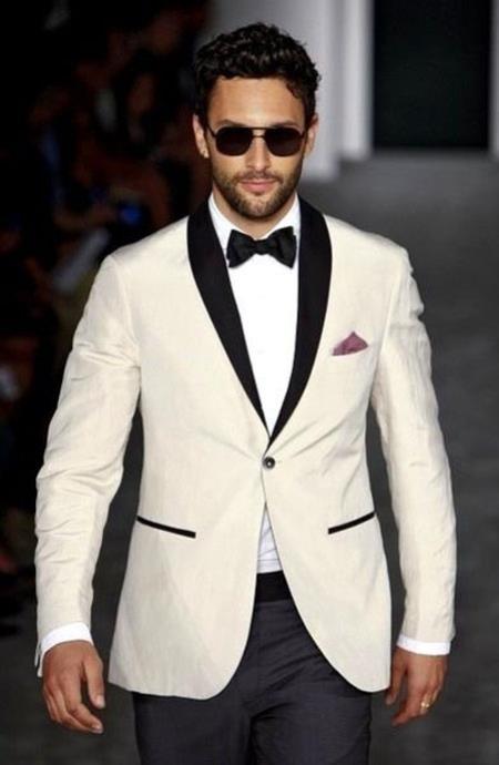 Men's Ivory and Black Satin Lapels Dress The Groom Holds The Wedding Suit (Jacket + Pants)
