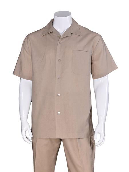 Men's Short Sleeve Khaki Plain Linen Casual Casual Two Piece Mens Walking Outfit For Sale Pant Sets Suit Pleated Pant - Mens Linen Suit