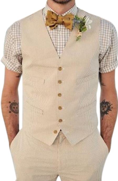 Men's 6 button closure 4 front slit pocket khaki linen V-neck vest