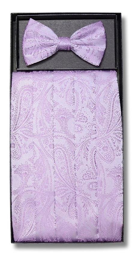 Men's Paisley Design Polyester Lavender Bowtie & Matching Cummerbund 