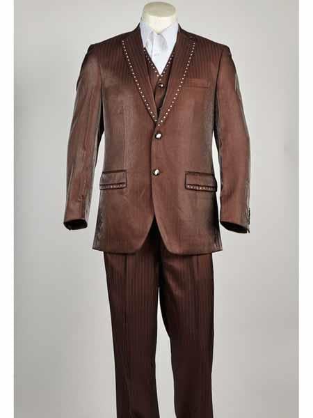 Light Brown ~ Rust ~ Copper Men's 3 Piece Sharkskin Rhinestone Pinstripe Entertainer Suit