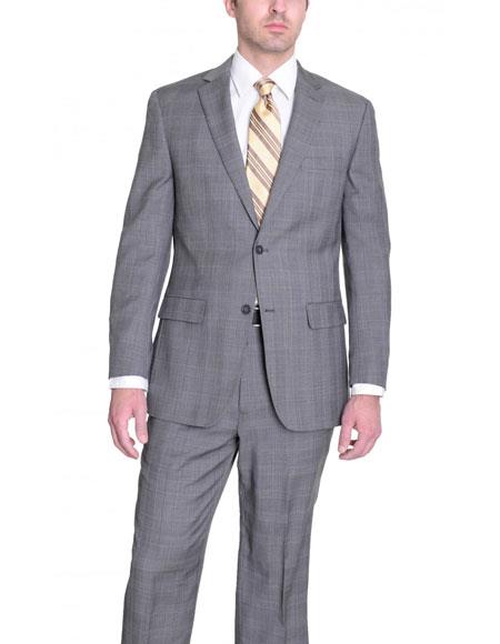 Men's Light Gray Glen Plaid Wool Classic Fit 2 Button  Suit