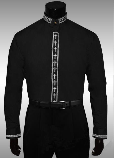 Cross Clergy Collar Cross Placket Dress shirts Mandarin Collarless Preacher Round Style Black Men's Dress Shirt 