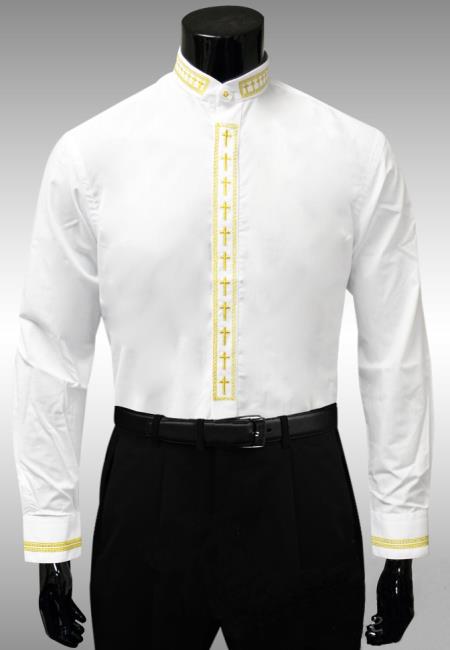 Download Mens White Gold Cross Clergy Collar Placket dress shirts