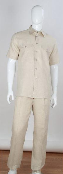 Men's Natural Stripe Accent Shirt Safari Style 2 Piece Short Sleeve Double Chest Pockets Linen Casual Two Piece Mens Walking Outfit For Sale Pant Sets Suit 