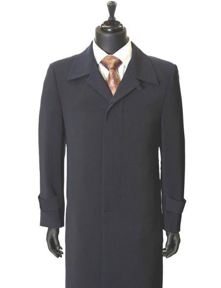 Navy Blue Microfiber Gaberdine Men's Dress Coat Trendy Trench Top Coat ~ Solid pattern Maxi Full Length 45 Inch Long