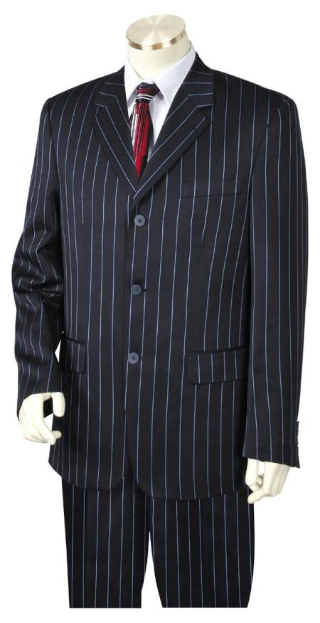 Men's Reflective Razor Stripe  Flap Pocket Dark Navy Blue Suit For Men Zoot