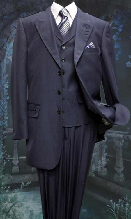 Mens Three Piece Suit - Vested Suit Mens Dark Navy One Besom Breast Pocket Fashion Suit 