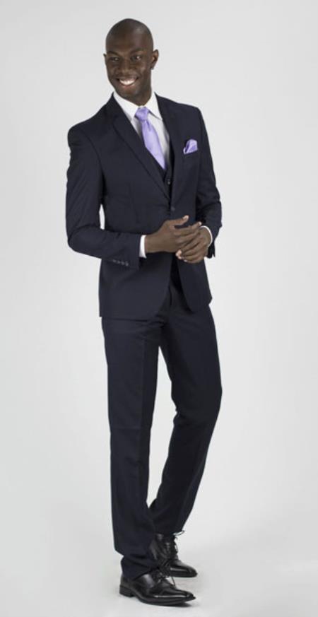 Men's Dark Navy Slim Fit Vent Sharkskin Shiny Vested 3 Piece Suit Online Discount Fashion Sale - Dark Blue Suit Color