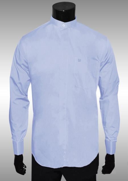 Nehru Collarless Baby Blue Light Medium Fabric Men's Dress Shirt