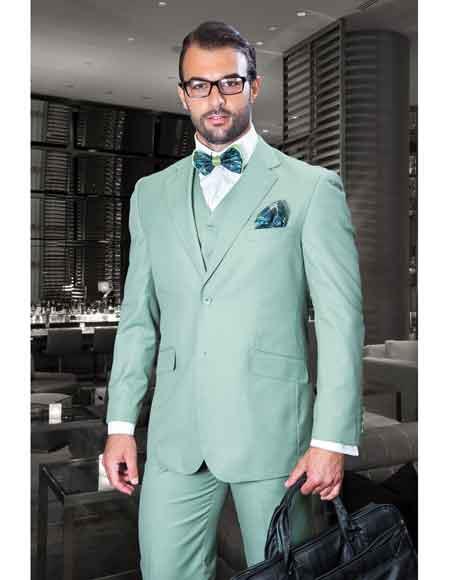Men's 3 Piece Sage Italian Fit With Side Vents Vested Suits