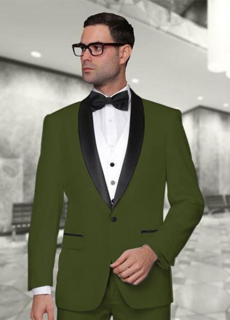 Statement Confidence Men's Modern Fit 3 Piece Shawl Collar Vested Tuxedo Olive Green