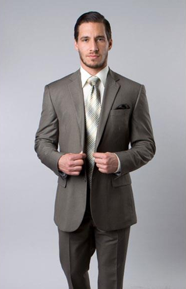 Designer Affordable Inexpensive Men's  Wool Platinum Stripe Olive Two Piece Suit with Flat Front Pant