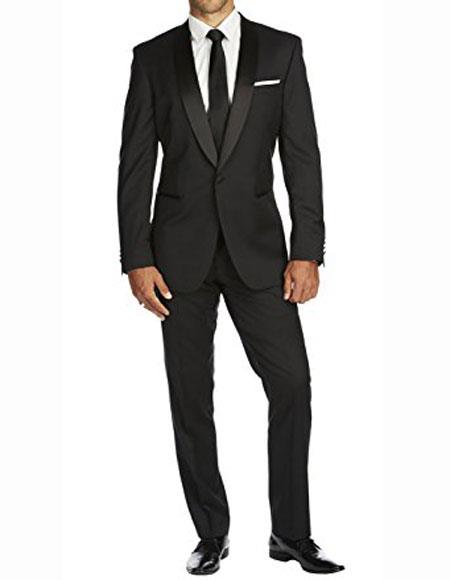 Men's One Button Slim Fit Solid Black Side Vents Tuxedo Suit With Shawl Lapel