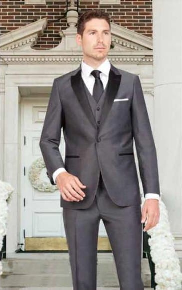 Men's Dark Gray Sharkskin Slim Fit 1 Button Satin Peak Lapel Vested Tuxedo