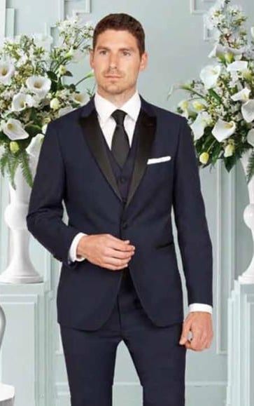 Men's 1 Button Slim Fit Satin Peak Lapel With Matching Vested Tuxedo Ink Blue