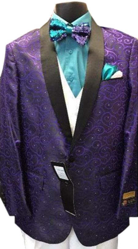 Alberto Nardoni Designer Men's Purple Floral ~ Paisley Sport Coat Blazer Dinner Jacket Tuxedo With Black lapel Shawl Collar