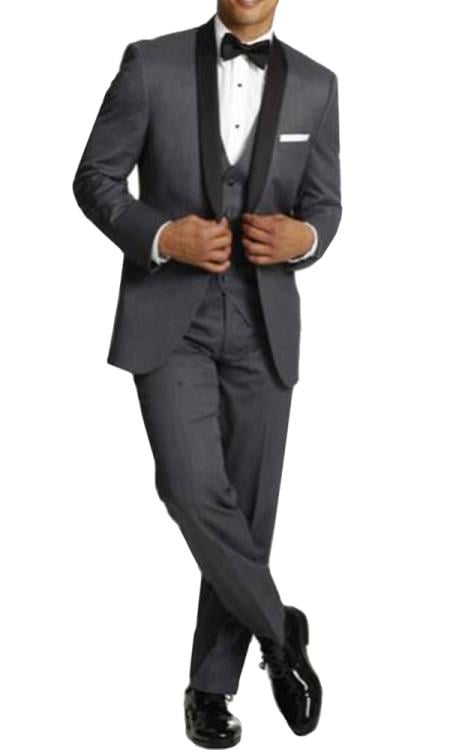 Men's One Button Tuxedo Shawl Black Lapel Gray Vested Suit