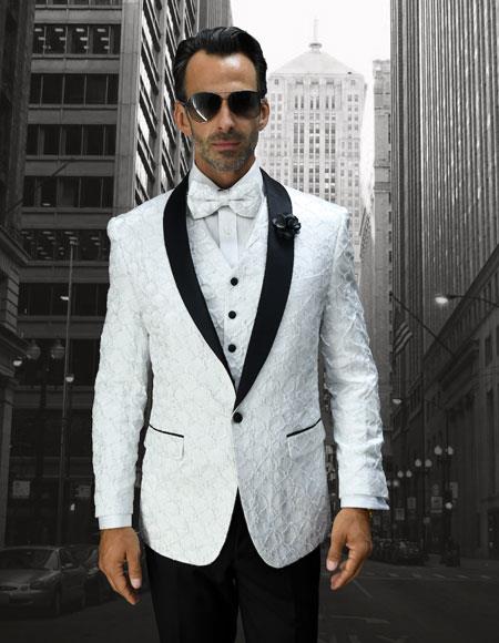 White Shawl Lapel Flap Front Pockets One Button Suit