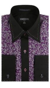 Two Toned Lay Down Collar Solid Accents Microfiber Design Paisley Regular Fit Pink Purple and Black Men's Dress Shirt 