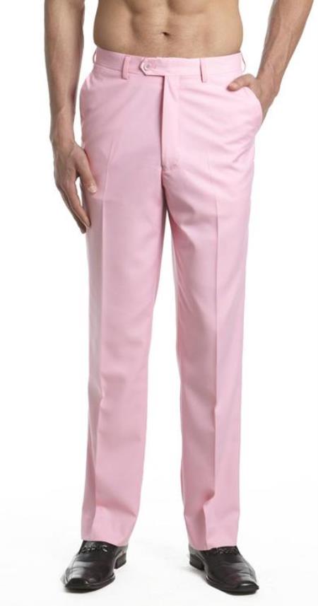 Men's Dress Pants Trousers Flat Front Slacks Pink 