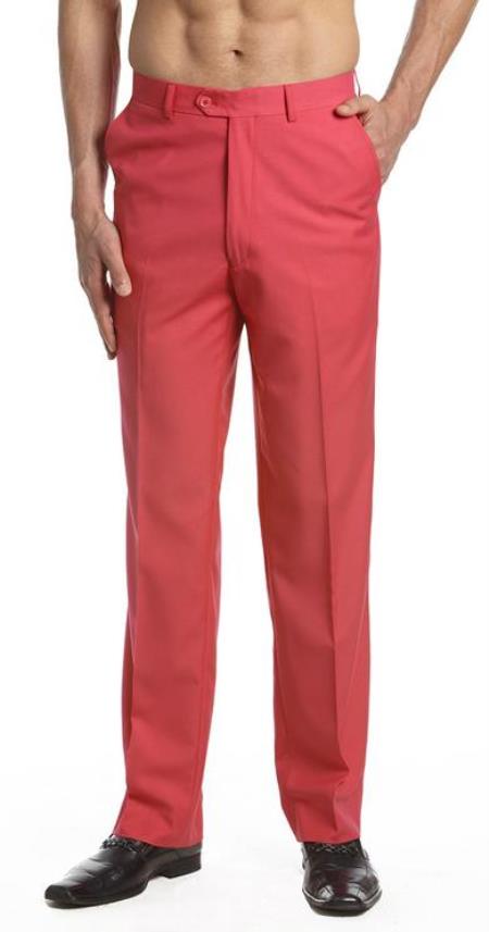 Men's Dress Pants Trousers Flat Front Slacks Salmon ~ Coral Pink color