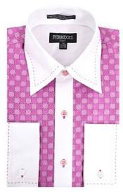 Microfiber Design Two Tone Geometric Regular Fit Pink/White Dress Shirt  White Collar White Collar Two Toned Contrasted Contrast Men's Dress Shirt