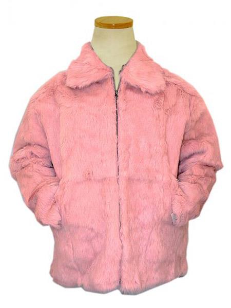 Bagazio Pink Pull-Up Zipper Genuine Full Skin Rabbit Fur Bomber Style Big and Tall Bomber Jacket