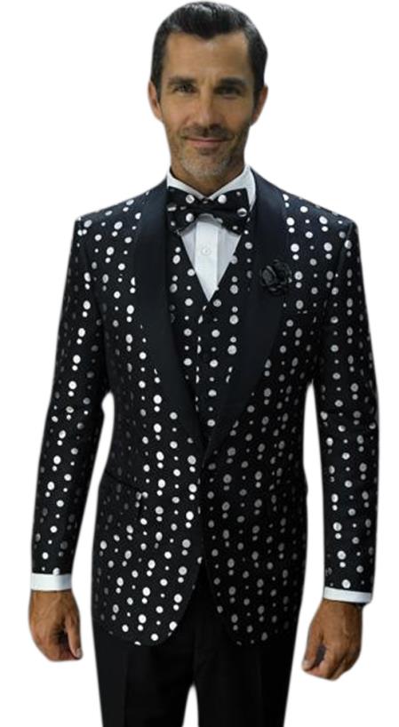 Men's Polka dots Designed Black Shawl Lapel Fashion Sport Coat ~ Dinner Jacket