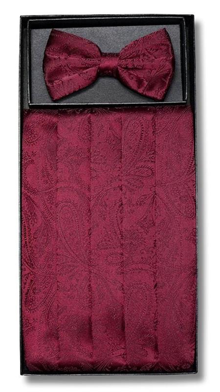 Men's Polyester Bowtie & Matching Cummerbund Burgundy ~ Wine ~ Maroon Color Paisley Design