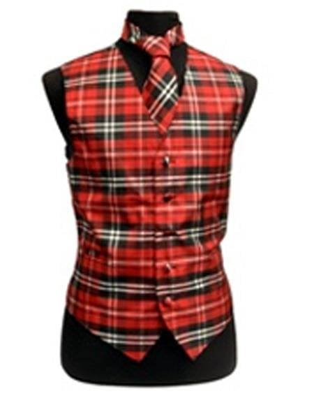 Mens Slim Fit Polyester Plaid  White/Red and Black Vest Fashion Set 