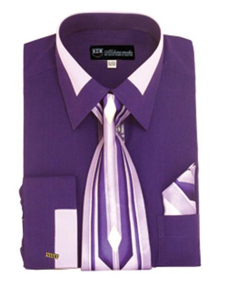 Purple Fashion French Cuff Matching Tie and Hanky Set Men's Dress Shirt
