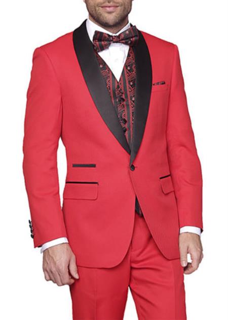 Slim Fit Red and Black Lapel Tuxedo Toned Lapel Red 1-Button Tuxedo Jacket and Pants only $139 - Red Tuxedo