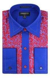 Microfiber Design French Cuff Paisley Regular Fit Red/Royal Blue Blends Men's Dress Shirt