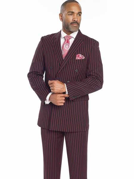 Men's Black/Red Bold Chalk Stripe ~ Pinstripe White Pinstripe Pleated Pants Gangster Suit