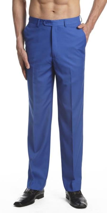 Men's Dress Pants Trousers Flat Front Slacks Royal Blue 
