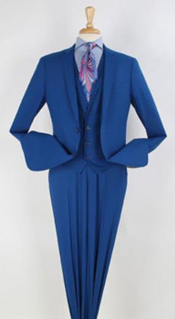Men's Royal Blue  3 Piece 100% Wool Executive Dress Suits for Men Narrow Leg Pants