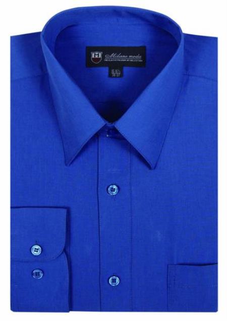 Plain Solid Color Traditional Royal Blue Men's Dress Shirt