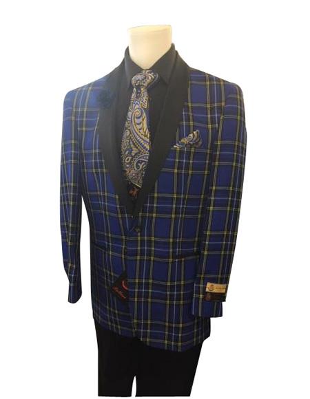 Men's Royal Blue Two Button Closure Plaid Pattern Shawl Lapel  Jacket