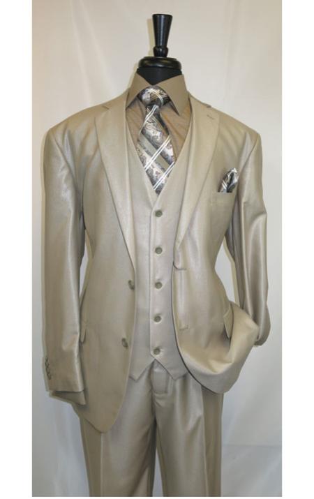 Mens Three Piece Suit - Vested Suit Mens fabric Satin Lined Metallic looking Vested 3 Piece Beige Suit 
