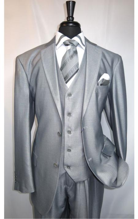 Men's Three Button Solid Tan Wool Feel Sharkskin Look Suit 58025 