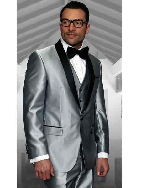 Men's Shawl Lapel Statement Suits Clothing Confidence 3 Piece Modern Fit Shiny Silver Tuxedo