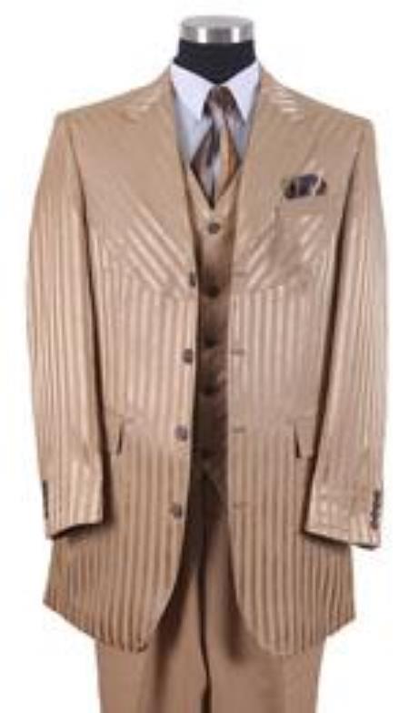 Champagne Suit Tone On Tone Shiny Sharkskin Shadow Stripe ~ Pinstripe Vested 3 Piece Men's Milano Suits Tan ~ champagne ~ beige