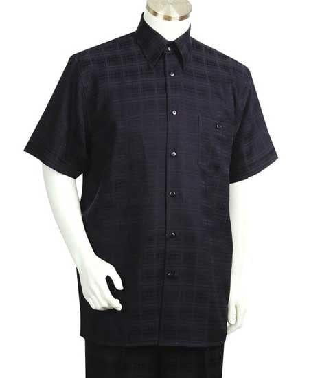 Men's 2 Piece Short Sleeve Black Shiny Windowpane Casual Two Piece Walking Outfit For Sale Pant Sets Suit